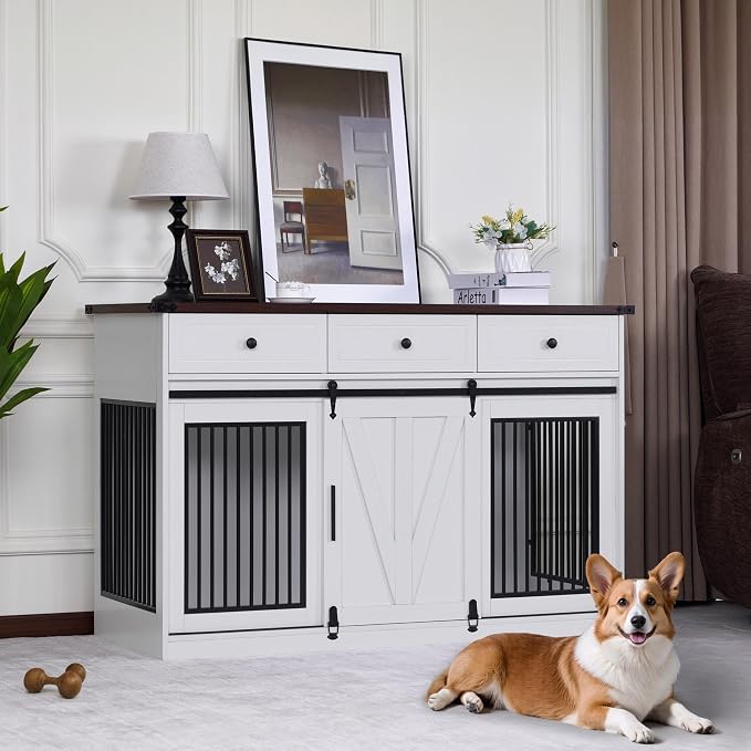 Lovupet Dog Crate Furniture, Wooden Large Dog Kennel with Barn Door and 3 Drawers, 55.1 inches Length Pet Crate Indoor, GC55