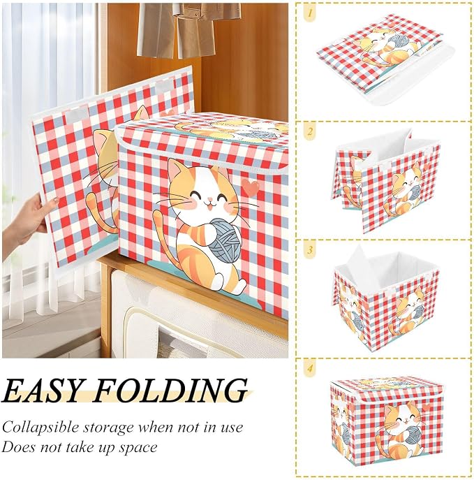 Cute Cat Ball Fabric Storage Bins with Lid Closet Storage Basket 40L | Foldable & Stackable, Flip Top Dust Guard, Reinforced Handles, Home & Bedroom, Clothes & Toys, Cat Print Basket