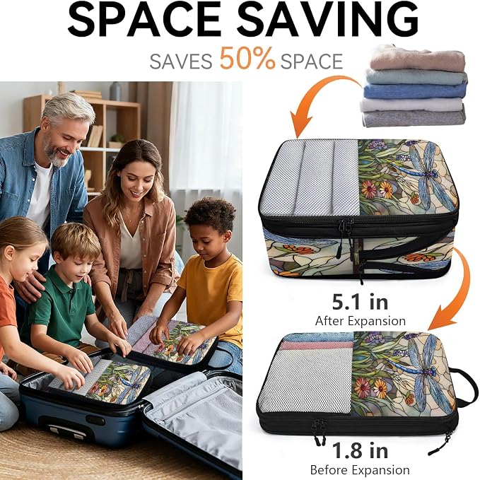 Dragonfly 6 Set Compression Packing Cubes Stained Glass Style Flowers Expandable Packing Organizer for Travel Accessories Luggage Suitcase Bag
