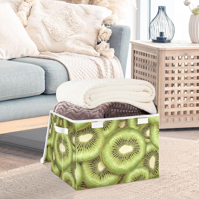 Fabric Storage Bins with Lid Fresh Kiwi Slice Closet Storage Basket 40L | Decorative Storage Boxes, Dust-Proof Flip Top, Reinforced Handles, For Home & Bedroom, Clothes & Toy Box, Oxford Fabric Print