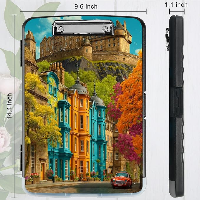 A4 Clipboard with Storage Pen Holder, Clipboards Organizer Nursing Clipboard Foldable File Folder Plastic Clipboard Folio Clip Board for Office Work Classroom Doctor, Castle Maple Tree