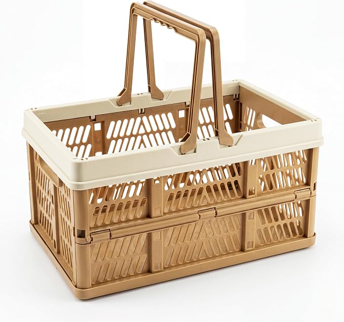 VALESKA 33L Collapsible Crate for storage, Plastic Milk Crate,17inch Collapsible Crates for Storage, Foldable Shopping Basket with Handles,Car Trunk Basket,for Kitchen(Brown)
