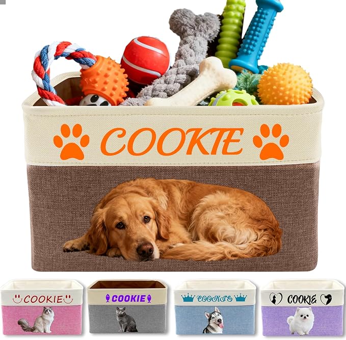 Personalized Pet Toy Basket Custom Dog Toy Storage Organizer with Handles Customized Dog Basket Box with Name Photo Icon for Dogs Cats - Brown