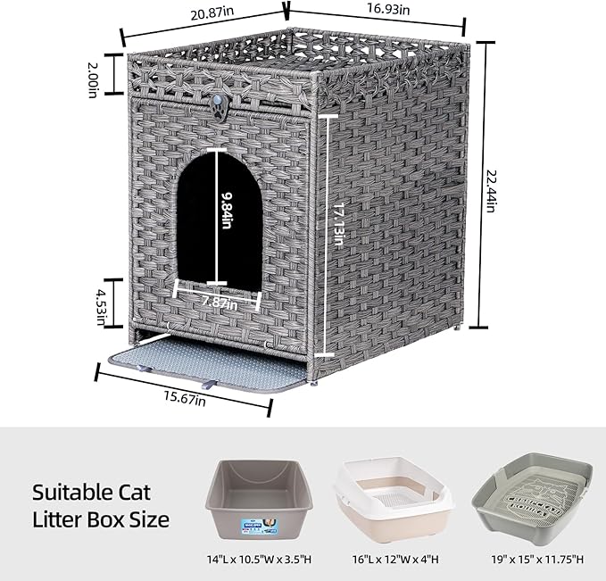Snughome Cat Litter Box Enclosure Furniture Hidden with Cat Litter Mat, Hidden Cat Washroom Furniture with Door, Handwoven Rattan Cat Washroom Box, Indoor Pet House for Living Room, Bedroom(Grey)