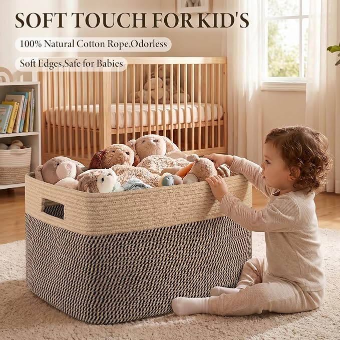 96L XL Large Cotton Rope Basket, Soft Toy Storage Bin for Nursery & Living Room, Decorative Blanket Basket for Bedroom, Baby-Safe Organizer for Pillows &Laundry, 24''×16''×15'', Brown & Black