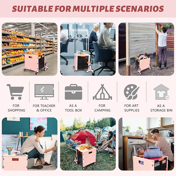 FELICON SELORSS Folding Utility Climber Cart Portable Rolling Crate-Pink | Stair Climbing Wheels+360°Swivel Wheels,Telescoping Handle,Plastic Box Dolly for Travel Shop Move Laundry Office Teacher Use
