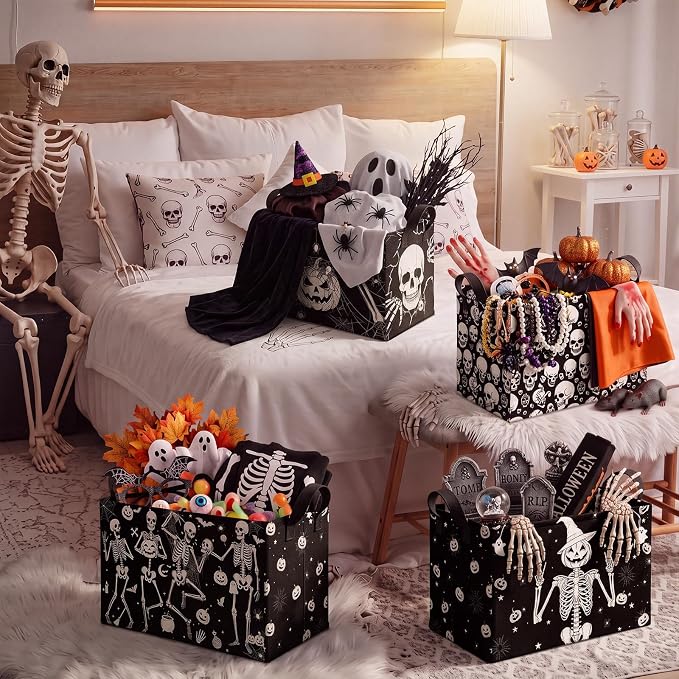 4 Pcs Halloween Storage Basket for Gifts Large Spooky Skeleton Storage Bins with Handles 15 x 10 x 8 Fabric Laundry Baskets Halloween Skull Collapsible Organizer Boxes for Home Cloth Toys Book