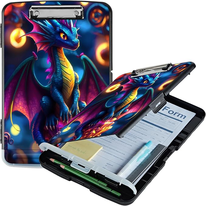 A4 Clipboard with Storage Pen Holder, Clipboards Organizer Nursing Clipboard Foldable File Folder Plastic Clipboard Folio Clip Board for Office Work Classroom Doctor, Blue Dragon