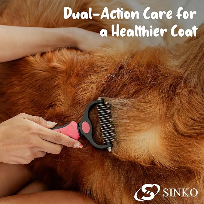 Sinko Shedding Brush For Dog and Cat, Grooming Brush with Extra Wide Double-Sided Stainless Teeth for Detangling, Deshedding, Brushing & Removing Shed Fur, Knots, Mats, and Tangles in Pets (Pink)