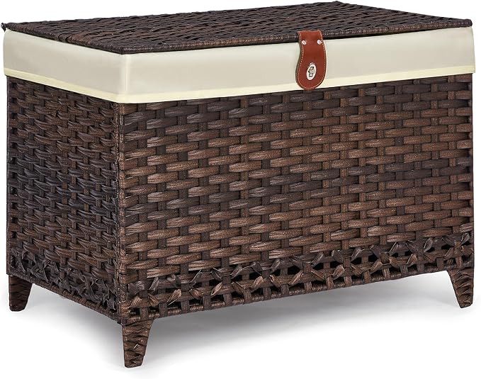 Wicker Storage Basket with Lid, 65L Shelf Basket with Removable Liner Bag | Rattan-Inspired Woven Design, Elevated Feet, Storage Trunk for Wardrobe, Bedroom & Home Organization