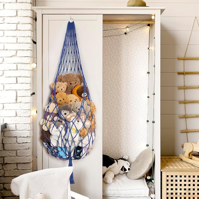 Amdermi Stuffed Animal Storage Toy Hammock Corner Hanging Net for Stuff Animal Storage Macrame Toy Display Plushie Toy Holder-Wall Hanging Net for Kid Bedroom Decor Playroom Organizer (Blue XL)
