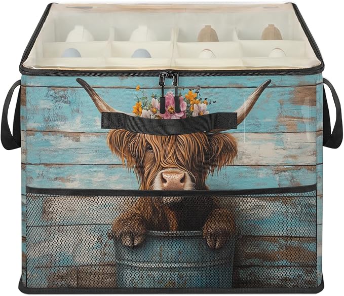 TropicalLife Highland Rustic Cow Shoe Organizer for Closet | Farmhouse Farm Animals Foldable Shoe Storage Organizer Box Bin with Adjustable Dividers & Clear Cover, Fits up to 16-32 Pairs