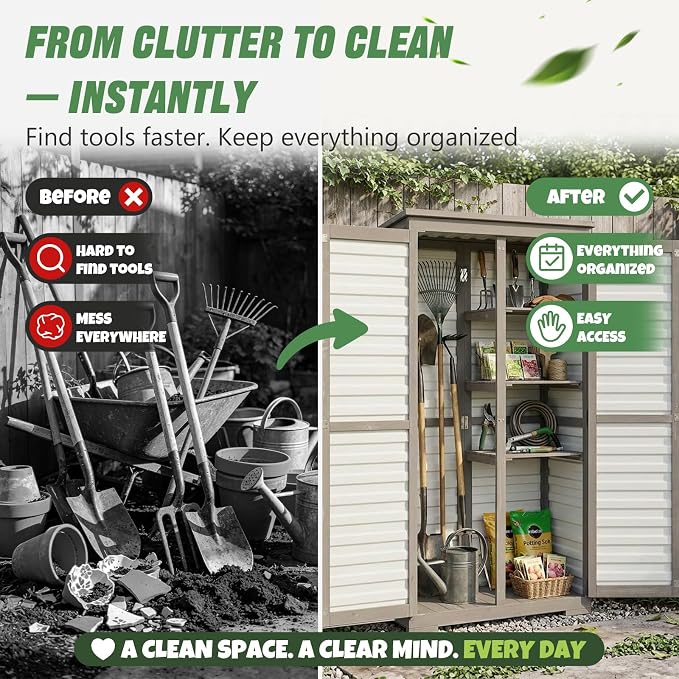 Outdoor Storage Cabinet – Store More in Less Space, Tall Vertical Garden Tool Organizer with 4 Shelves & Long Handle Storage, Weather-Resistant Patio Cabinet for Backyard, Garden, Side Yard