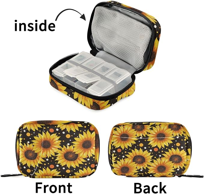 Fustylead Vibrant Yellow Sunflowers on Black Background Pill Organizer Case with Zipper 2 Times A Day for Vitamin and Supplement, 7 Day Travel Organizer Medicine Case