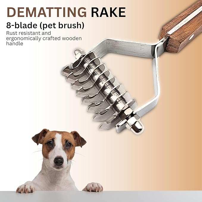 Undercoat Dematting Rake for Dogs & Cats – Grooming Tool with Stainless Steel Teeth & Wood Handle – Undercoat Remover for Thick & Matted Pet Fur (8 Blades)