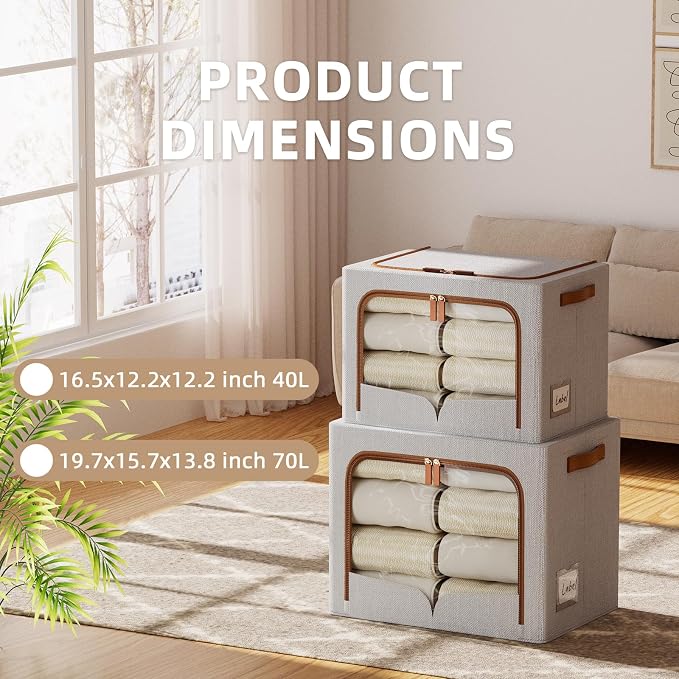 FHSQX 6 Pack Clothes Storage Bins with Metal Frame | Light Grey, 40L, 16.5x12.2x12.2 inch,Portable, Large Clear Window, Durable Handles, Foldable