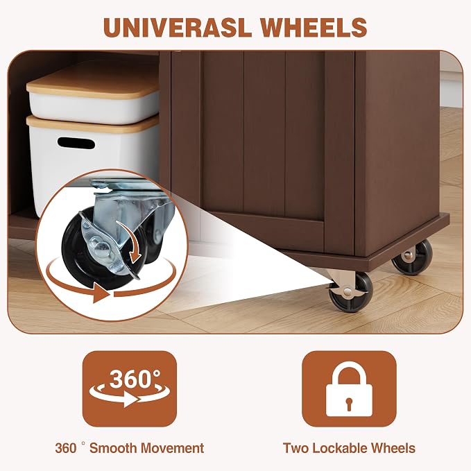 JY QAQA 42" Kitchen Island with Storage on Wheels, Rolling Table with Drop Leaf, Drawers, Cart Handle for Towel Rack or Free Movement, Brown