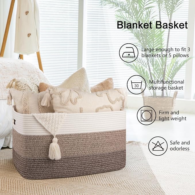 OIAHOMY Blanket Basket Laundry Basket Dog Toy Basket 75L Dark Brown | Large Storage Basket,Baby Basket,Toy Storage,Woven Rope Basket for Blankets,Blanket Storage for Living Room