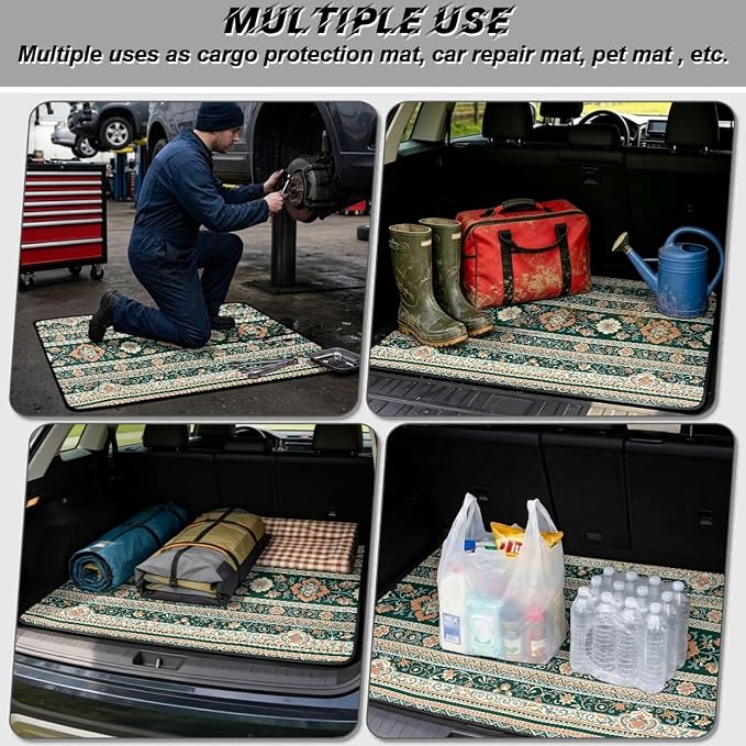 Howilath Heavy Duty Car Trunk Mat Non-Slip All Weather Green Floral Striped Aztec Rear Trunk Protection Auto Interior Accessory Durable & Easy Clean
