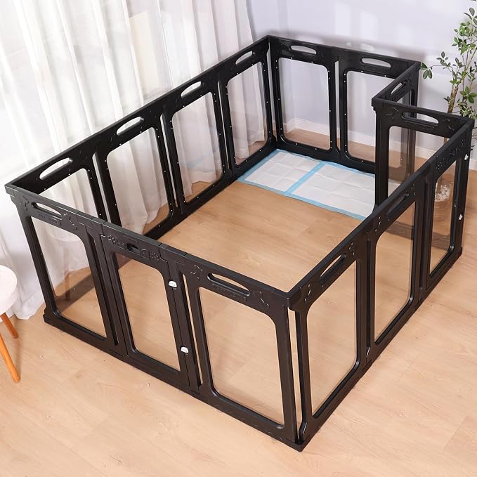 Clear Acrylic Indoor Dog Playpen, 24" H, 2 Panels, Black | Open View, Modern Home Fit, No Climbing Bars, Tool-Free Setup, For Puppies & Small Dogs