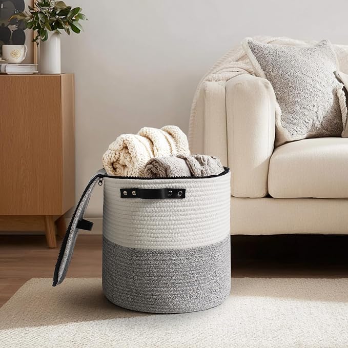 Storage Basket with Lid, 15"x13" Round Woven Blanket Storage for Living Room, Soft Cotton Rope Bin with Zipper Top, Shoe Basket with Lid for Entryway, Floor Kids Dog Toy Bin Box with Cover