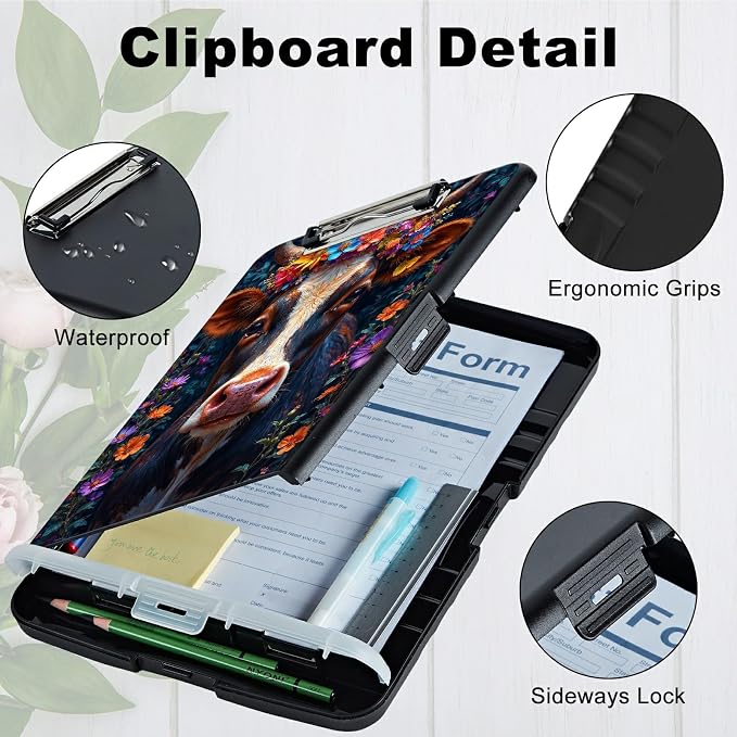 A4 Clipboard with Storage Pen Holder, Clipboards Organizer Nursing Clipboard Foldable File Folder Plastic Clipboard Folio Clip Board for Office Work Classroom Doctor, Black White Cow Flower