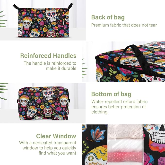 Day Of The Dead Skull Flower Clothes Storage Bag Bins 2 Pack Foldable Storage Containers Large Closet Organizer with Zipper Under Bed Storage for Bed Sheets Comforters Clothing 60L
