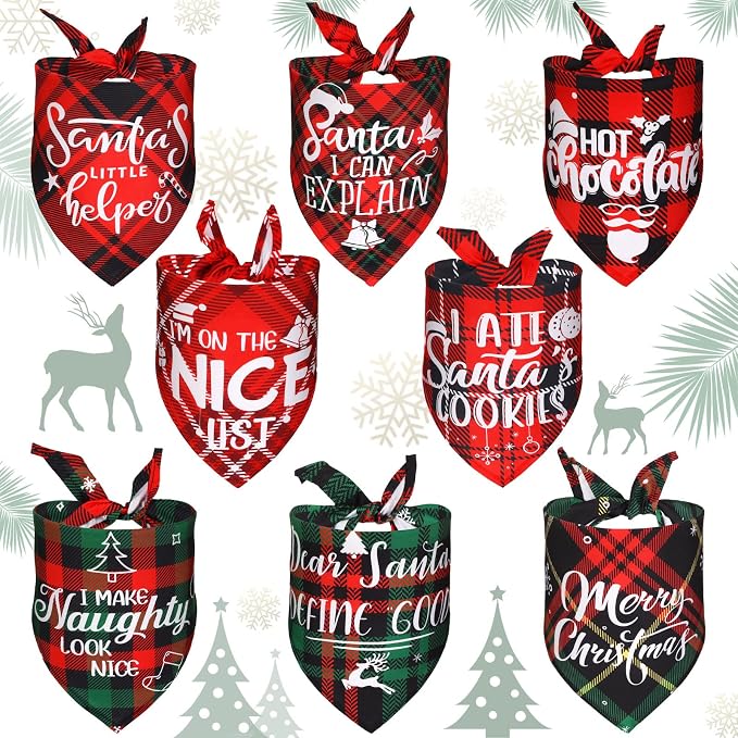 8 Pcs Christmas Dog Bandanas Buffalo Plaid Pet Scarf Bibs,Medium | Adjustable Triangle Bibs with Holiday Sayings, Reversible Red Black Green Plaid, Festive Costume Accessory for Pet Photos