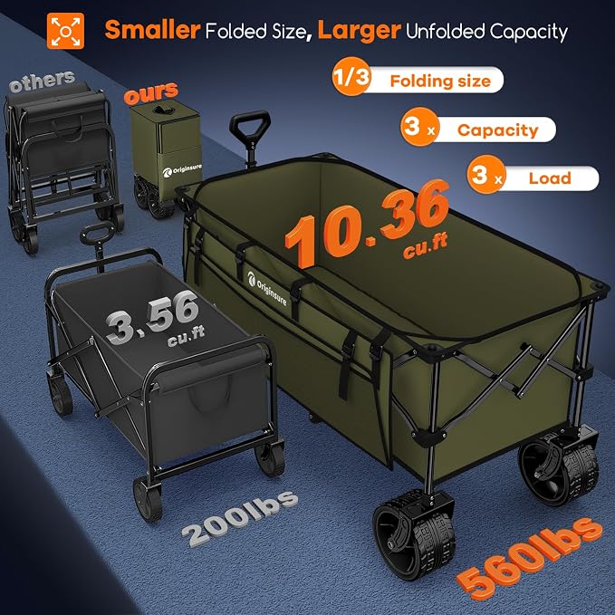 Originsure 300L Beach Wagons Carts Foldable with Big Wheels, 560lbs, Green | 48" Folding Utility Wagon,7" All-Terrain Wheels,Heavy Duty Frame,Compact&Space-Saving,for Camping,Sports,Grocery,Garden