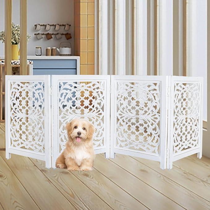 Lightnpro 4-Panel Wooden Dog Gate with Stopper – 72 Inch Extra-Wide Foldable Freestanding Pet Barrier, Antique White Indoor Safety Fence for Small Dogs & Puppies – 24x18 Inch Panels