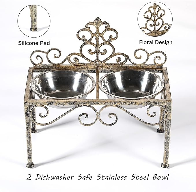 8.78" Height Elevated Dog Bowls for Large Dogs, Metal Raised Dog Feeder | Lifted Dogs Dish Stand with Double Stainless Steel Bowls for Food and Water, Antique Gold Finish Tall Dog Bowl Stand