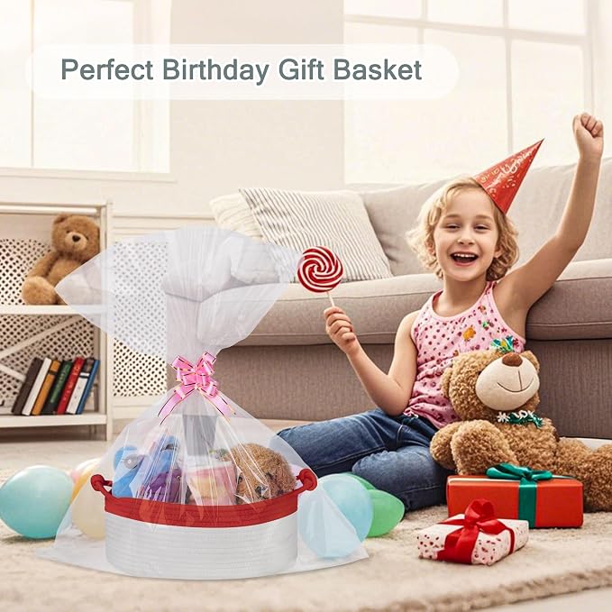 COMSE Small Gift Basket Empty with Bag & Ribbons, Red & White | Cotton Rope, 12"x 8"x 5", Pet Toy Storage Organizer, Woven Basket for Birthdays, Baby Showers, Mother’s Day, Valentine’s Day