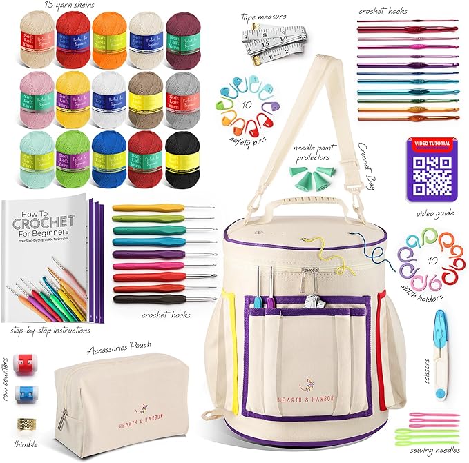 Crochet Kit for Beginners with Yarn, Beginner Crochet Kit for Adults and Kids, 21 Hooks, Knitting Kit Bag, Instructions Step-by-Step Video Tutorials, Plus Crochet Accessories Supplies, Crochet Gifts