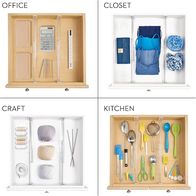 iDesign Plastic Adjustable Deep Drawer Divider, Kitchen, Dresser, Desk, Bathroom and More, The Linus Collection – Set of 2, Expandable 13.25” – 20.75”, Clear | Expandable, 13.25"x4.10"x1.25", Clear