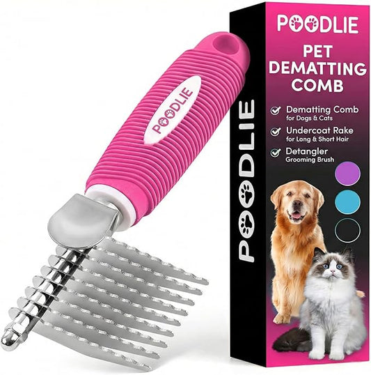 Poodle Dematting Fur Rake Comb Brush for Dogs and Cats - Long 2.5" Steel Safety Blades Metal Comb for Detangling Matted or Knotted Undercoat Hair