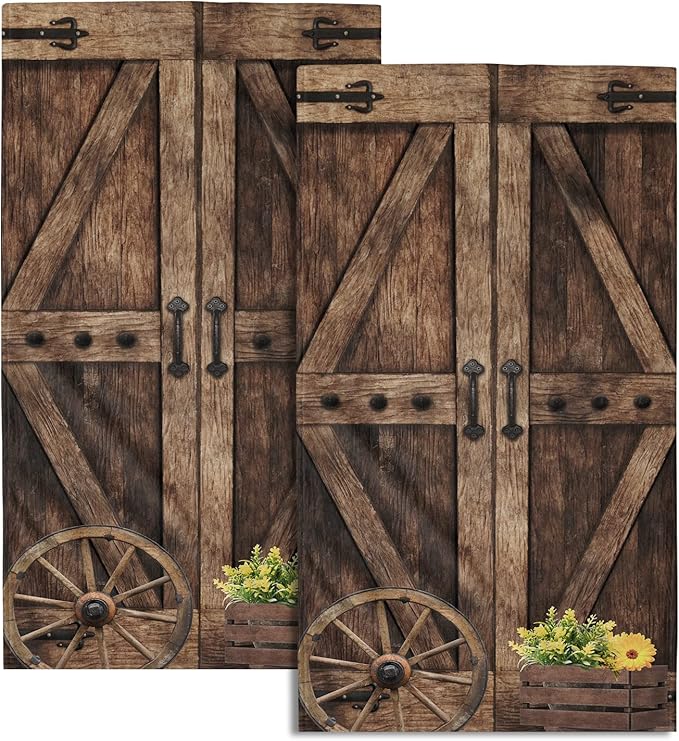 Giwawa Rustic Barn Door Hand Towels Set of 2 Brown Wood Fingertip Towels Soft Absorbent Towels for Bathroom Kitchen Yoga Gym Decorative