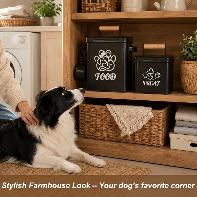Airtight Dog Treat Container Set of 2 | Iron jars, 26 cup capacity, food-grade coated, includes 1 scoops, keeps treats fresh, fits kibble & biscuits,black