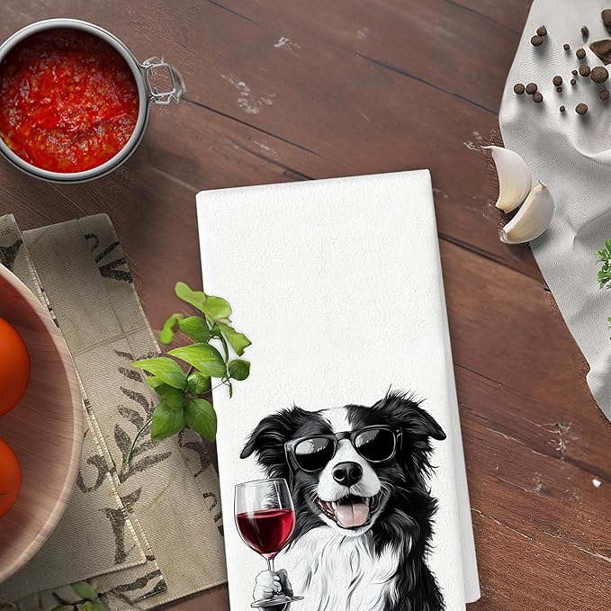 Border Collie Dog Towels - Funny Border Collie Wine Lovers Gifts, Bar Towels, Dog Wine Decorative Hand Towels Dish Towels for Kitchen Home Bar, 16x24 Inch