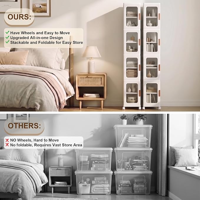 4-Tier Tall Narrow Plastic Storage Cabinet of 2, Foldable | Rolling Organizer with Lid,Doors,Stackable, Adjustable Shelves, Durable PP,Freestanding Bathroom Cabinet for Small Slim Space