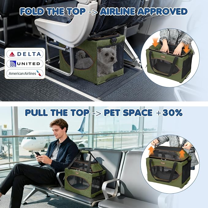 Lekereise Top-Expandable Pet Carrier 18x11x11Inch Delta American United Airline Approved Underseat to 15lbs Stable Car Travel Carriers for Small Dogs Cats with Locking Safety Zippers Anti-Scratch Mesh