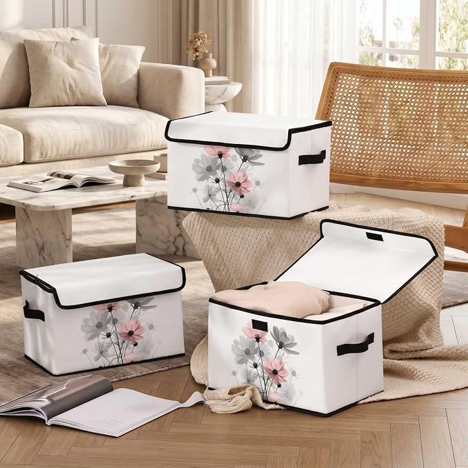 Stackable Storage Bins with Lids,Closet Organizers Fabric Box for Home and Office,Blanket Clothes Organizers,Under Bed Storage Containers 3 Pack