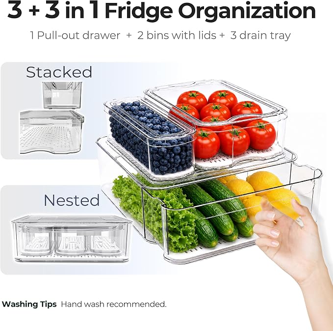 SMRCAD Clear Fridge Bins with Drain Trays - BPA-Free PET, Stackable(3 Pack) | 3 Pack: 1 Drawer + 2 lidded Bins, Helps Keep Produce Fresh, 12.5L Capacity, Hand Wash Only