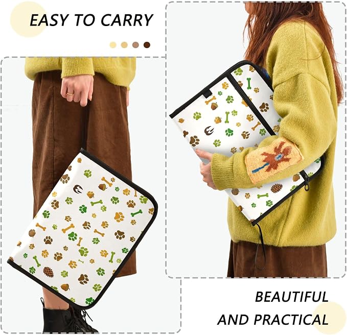 Autumn Pet Paw Print Pattern Expanding File Folder with Sticky Labels, 13 Pockets Accordion File Folder Document Organizer Expandable Zip File Folder with Zipper Closure