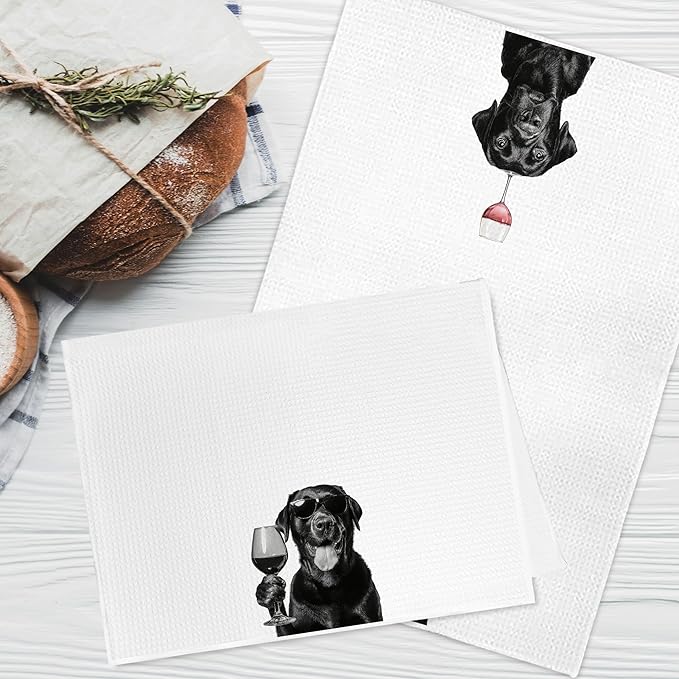 Funny Black Labrador Retriever Wine Kitchen Towels 16x24 Inch, Black Lab Gifts Decorative Hand Towels for Kitchen Home Bar, Wine Lover Gifts Dish Tea Towel Drying Cloth