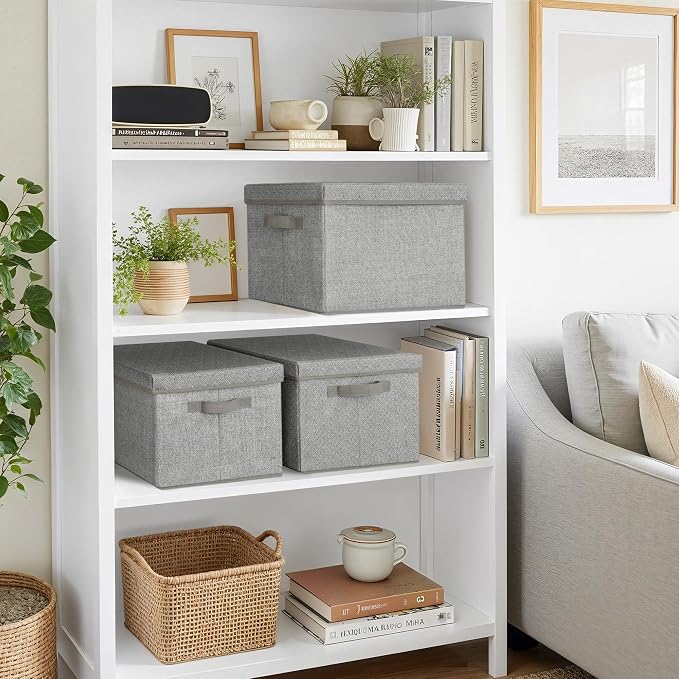 GRANNY SAYS Fabric Boxes with Lids, Storage Bins with Handles, Shelf Bins for Organizing, Extra Large Storage Boxes for Linens Clothes, Decorative Storage Containers, Gray, 3-Pack | Storage Box with Dust Cover, Handles & Lable, Collapsible, Ideal for C...