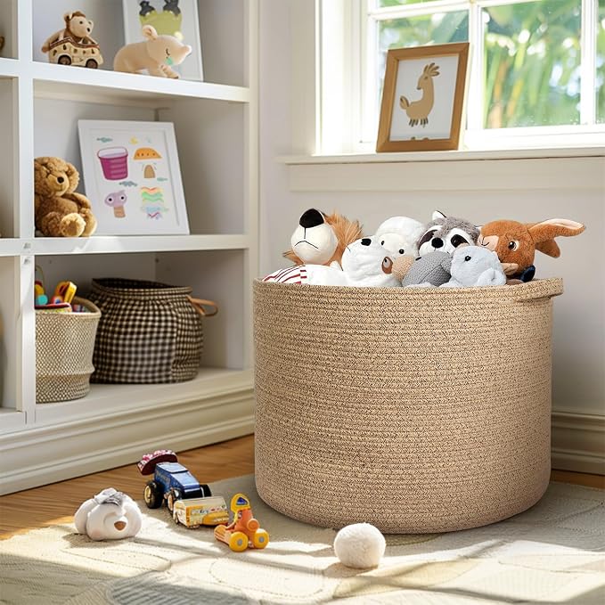 115L Extra Large Storage Basket, 23.6"x15.7" Woven Cotton Rope Basket, Giant Kids Dog Toy Bin, XXXL Boho Blanket Pillow Holder for Living Room, Brown Variegated Woven Baskets for Organizing