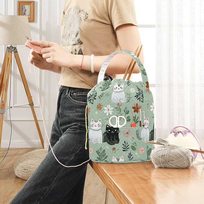 Tatenale Crochet Bag Yarn Bag Knitting Project Bag with Pockets and Handle Portable Yarn Storage Organizer Tangle Free 8.3x11 InchMint Green Floral and Cute Cats02
