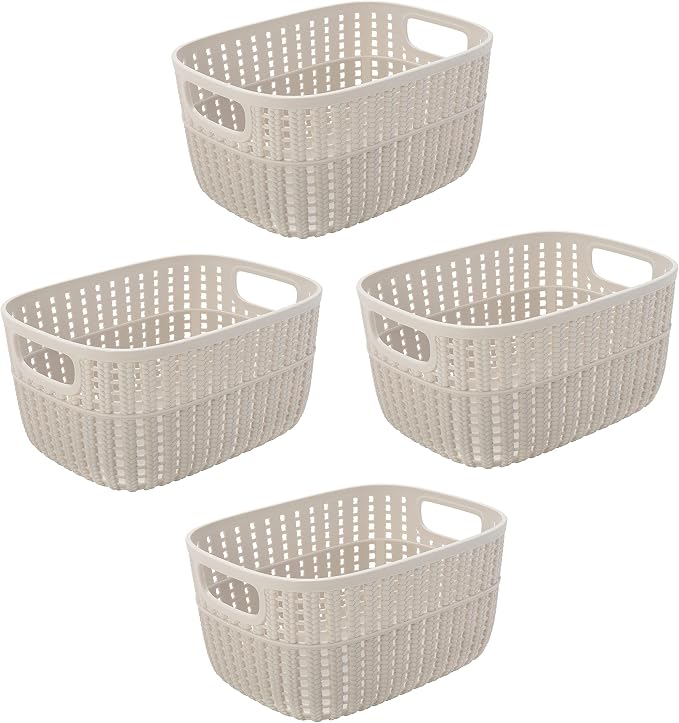 Simplify 4 Pack 2 Tone Sailor Knot Plastic Storage Tote | Decorative Basket | Closet Organization | De-clutter | Accessories | Toys | Bathroom Organization | Small | Ivory