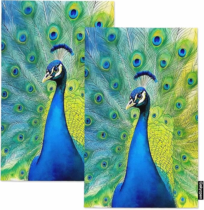 Colorful Peacock Tail Feathers Kitchen Towels Watercolor Beautiful Peacock Soft and Super Absorbent Dish Towels 2 Pack 16 X 24 Inches