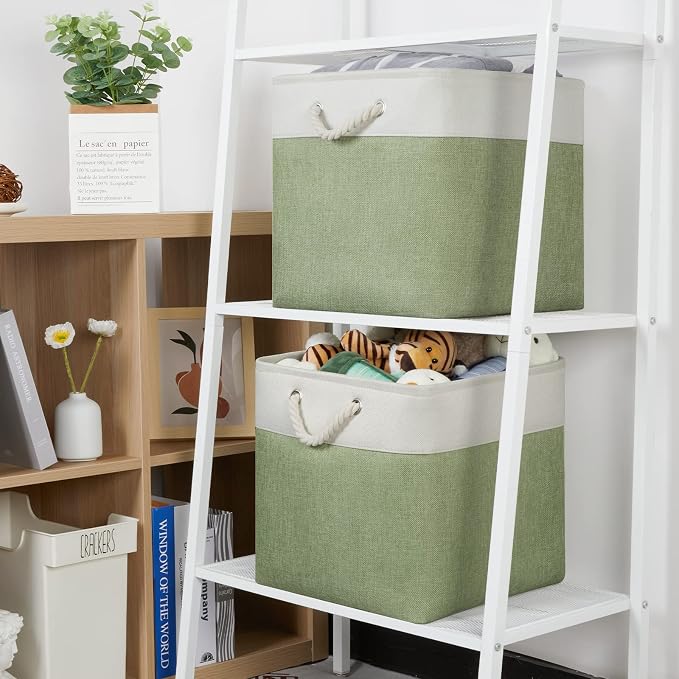 Temary Cube Storage Bins 13x13 Storage Cubes Basket for Gifts Empty, 4 Pack Large Storage Basket with Handles, Decorative Storage Baskets for Home (White&Green)